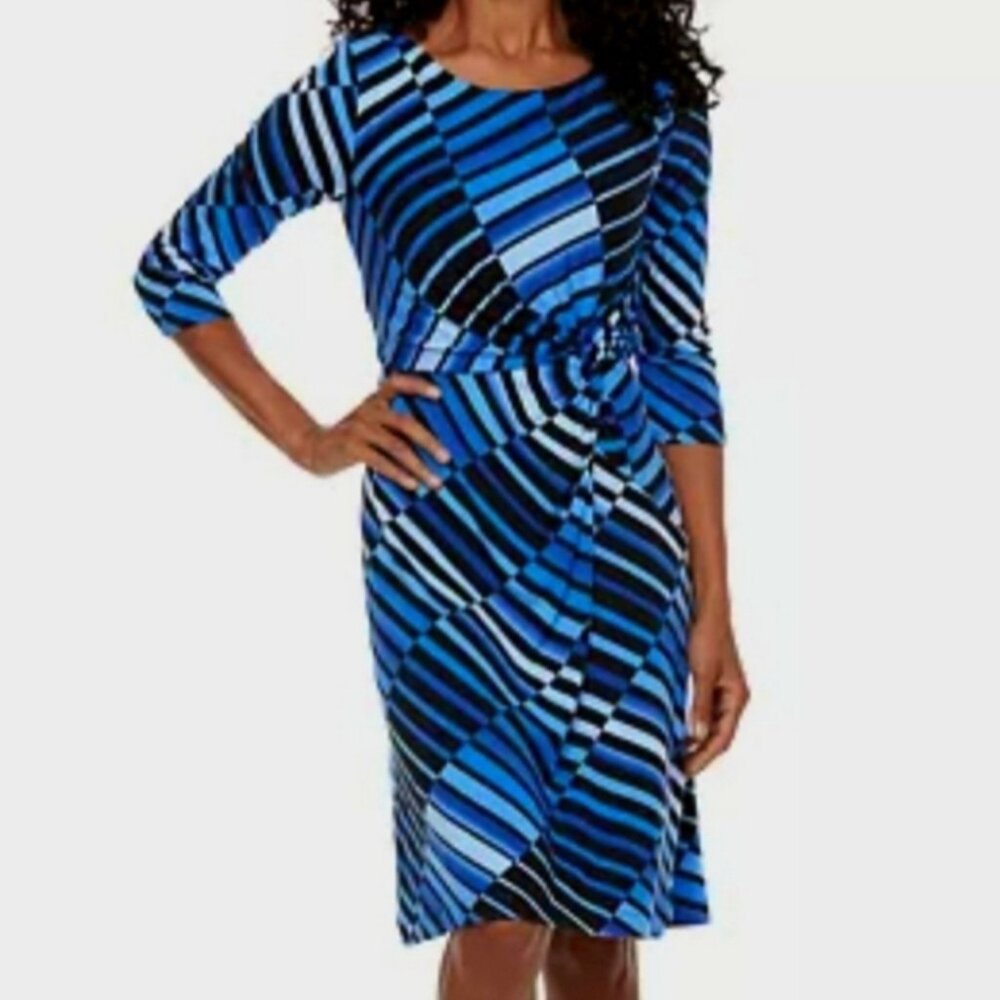 DANA BUCHMAN Women's Dress Twist Faux Wrap XL PETITE Royal Blue & Black NWT